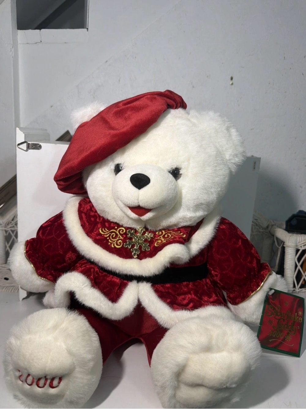 Plush White Bear in Red Holiday Outfit - Stuffed Animal